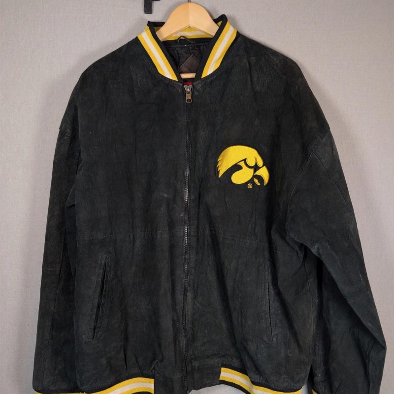 Vintage 90s Collegiate Iowa Hawkeyes Suede Leather Jacket Black Yellow Large